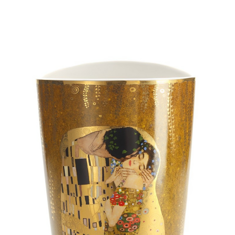 Close top look up of Goebel Tall Vase The Kiss by Gustav Klimt in Porcelain on White background available at Spacio India from the Luxury Home Decor Artefacts Collection