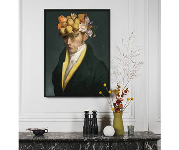 A contemporary Ibride Collector Portrait Abel Large (Limited Edition) of a man wearing a yellow hat.