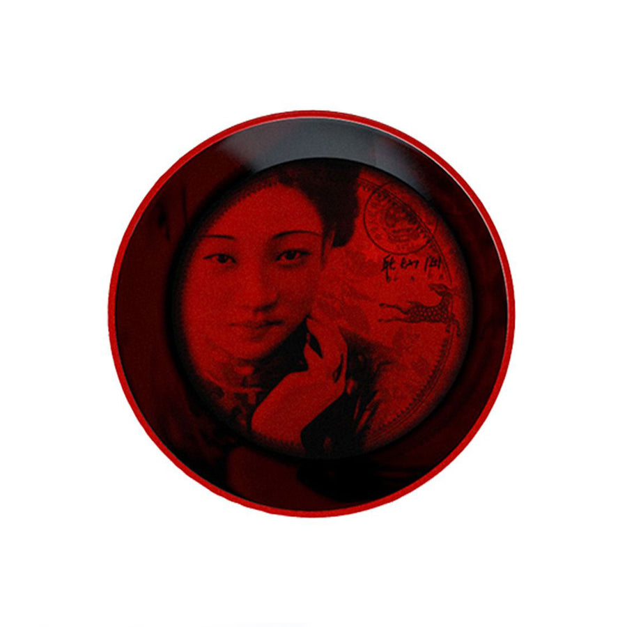 Ibride Ming Red China stackable set displaying a red bowl with a chinese lady art on it on white back ground available at Spacio India for luxury home decor of collection Tableware Accessories =