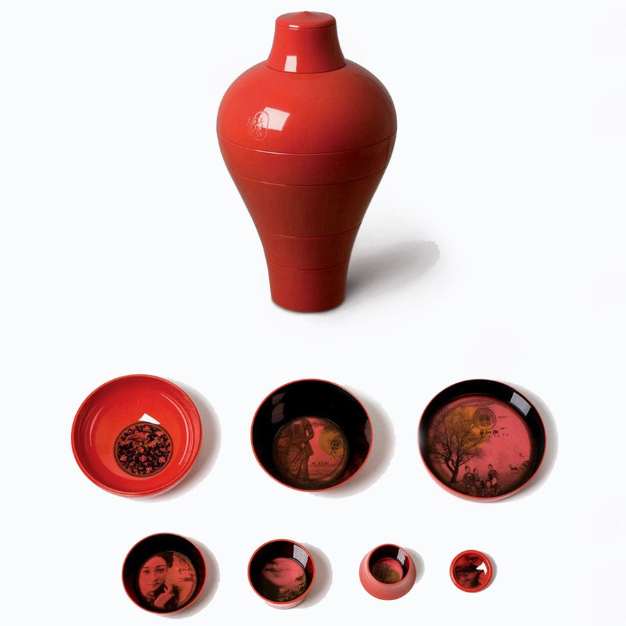 Ibride Ming Red China stackable set on a white background available at Spacio India for luxury home decor Tableware Accessories collection
