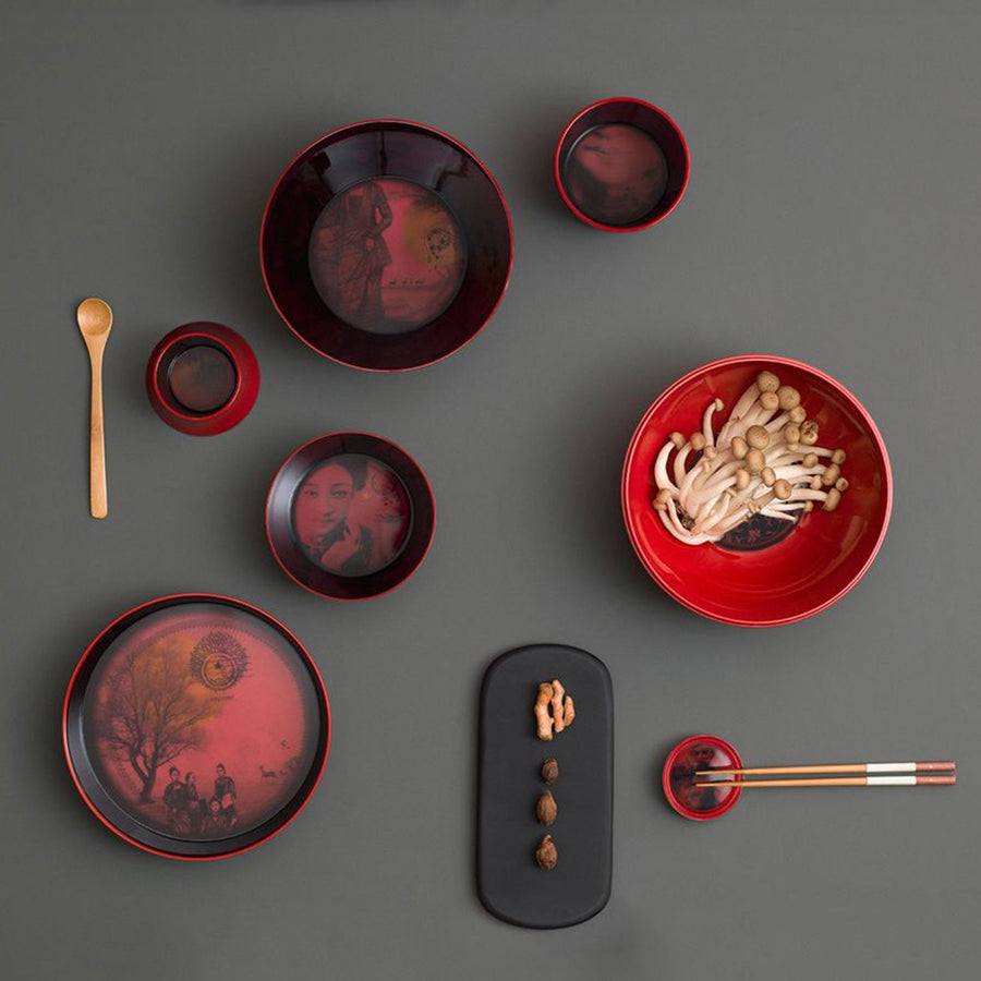Top view of Ibride Ming Red China stackable set on a dining surface with Chinese dining cutlery accessories available at Spacio India for luxury home decor of collection Tableware Accessories 