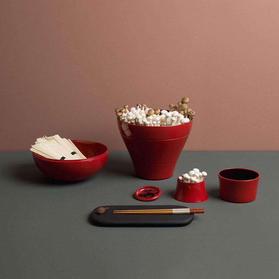 Ibride Ming Red China seven pieces stackable set on a dining surface with Chinese dining cutlery accessories available at Spacio India for luxury home decor of collection Tableware Accessories