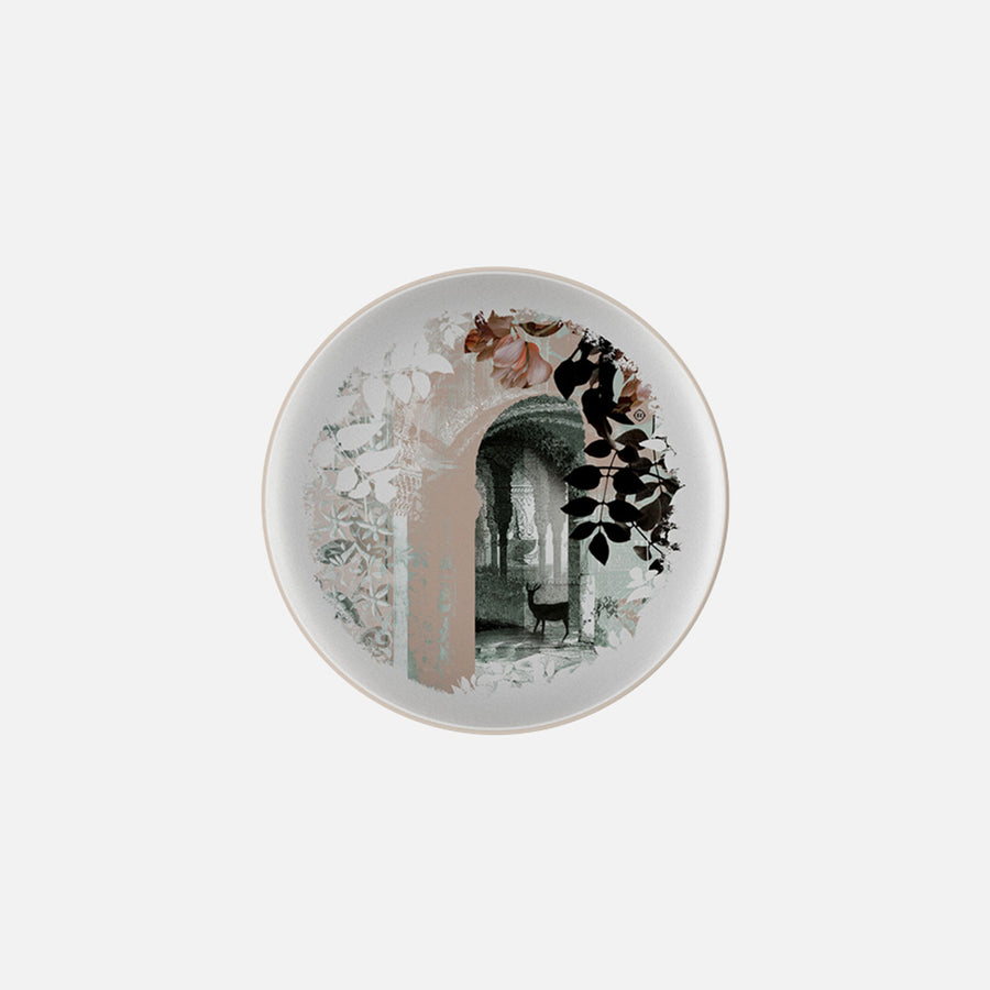 Plate with Floral, leaves with a palace art on it from Qing Alhambra Rose stack set on a white back ground available at Spacio India for Luxury Home Decor Collection of Tableware Accessories