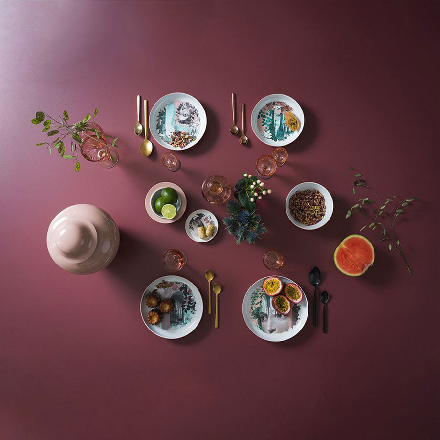 Ibride Qing Alhambra Rose Stack table set plates & bowls on a dining table with other kitchen accessories with food ingredients available at Spacio India for luxury home decor of collection Tableware Accessories