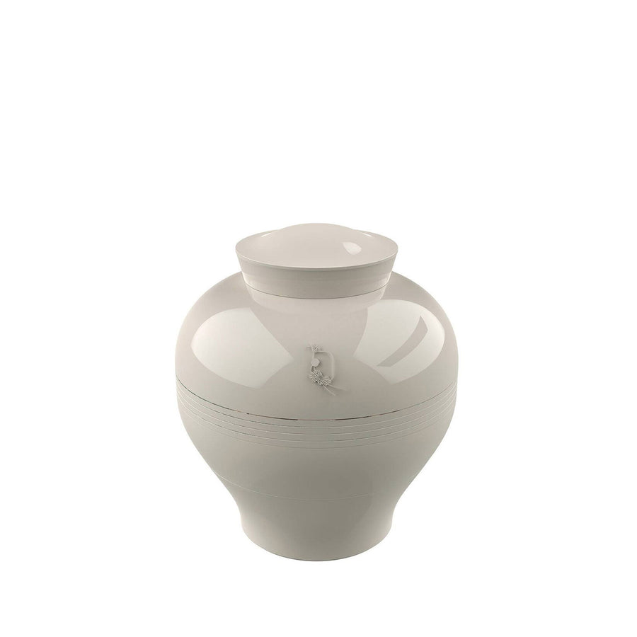 A white ceramic urn on a white background, representing the Ibride Stack Table Yuan Alhambra Beige (9pc set) by Ibride.