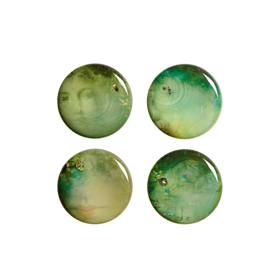 Ibride Yuan Noir Narcisse Stack table set with four green art printed plates available at Spacio India for home decor collection of Tableware Accessories