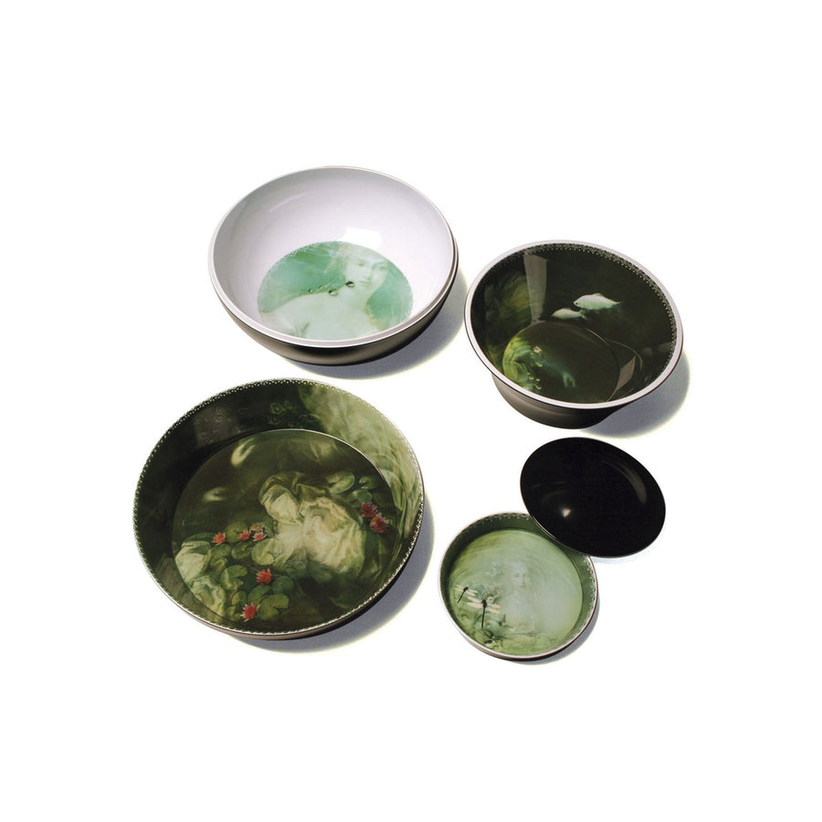 A collection of plates & Bowls from Ibride Yuan Noir Narcisse Stack table set on a white back ground available at Spacio India for home decor collection of Tableware Accessories