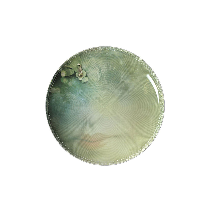 A plate from Ibride Yuan Noir Narcisse Stack table set containing a print human face & a boat available at Spacio India for home decor collection of Tableware Accessories