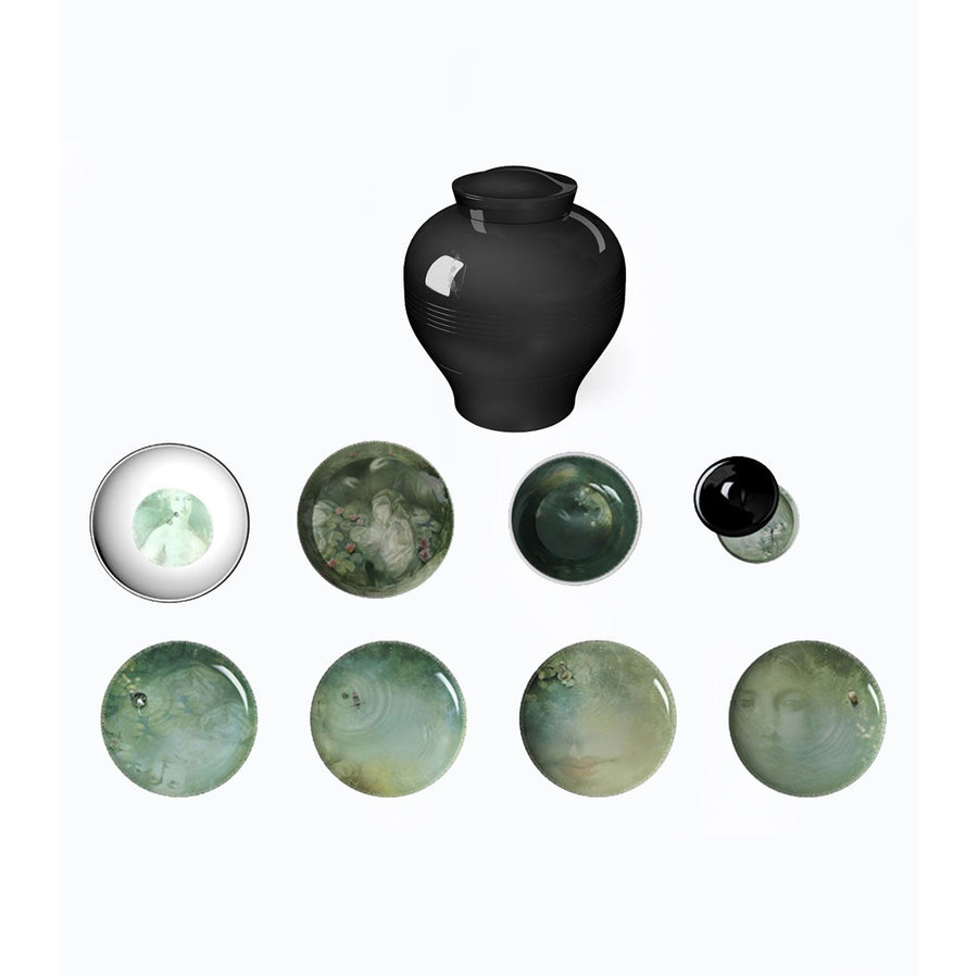 Ibride Yuan Noir Narcisse Stack table set on a table showing all accessories, plates & bowls available at Spacio India for home decor collection of Tableware Accessories