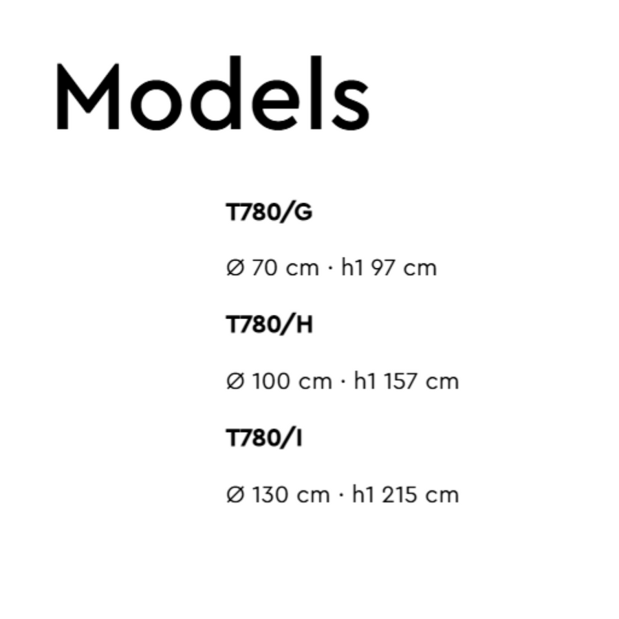 Technical specifications of models T780/G, T780/H, and T780/I on a white background.