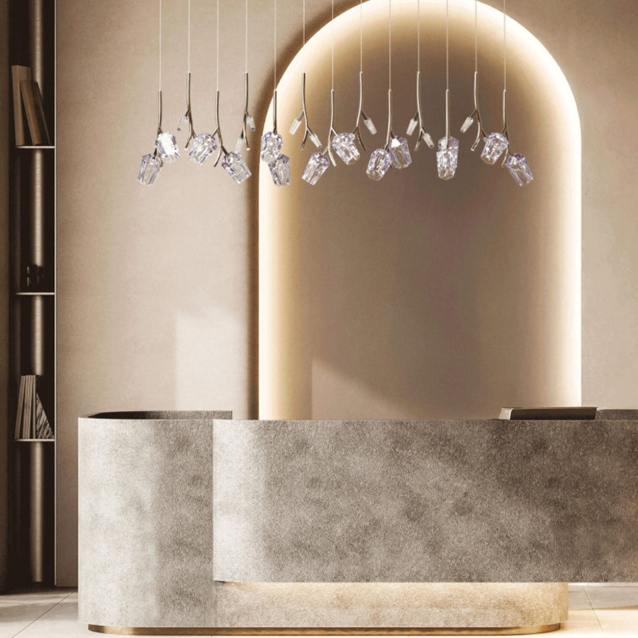 Modern reception desk with Bloome pendant crystal lights