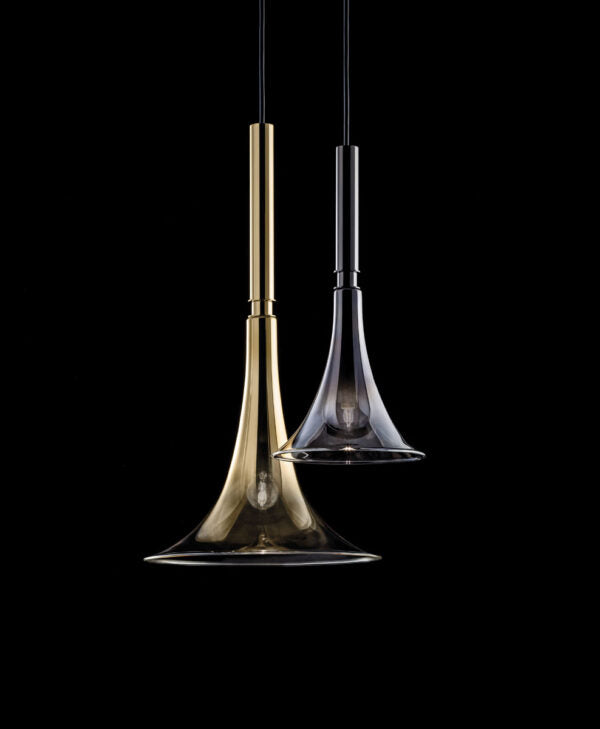 Baffo Collection by Italamp with conical design, titanium finish glass, and matching metal accents, showcasing Italian craftsmanship and elegance. A pair of baffo pendant lights in gold and titanium finish on a black background