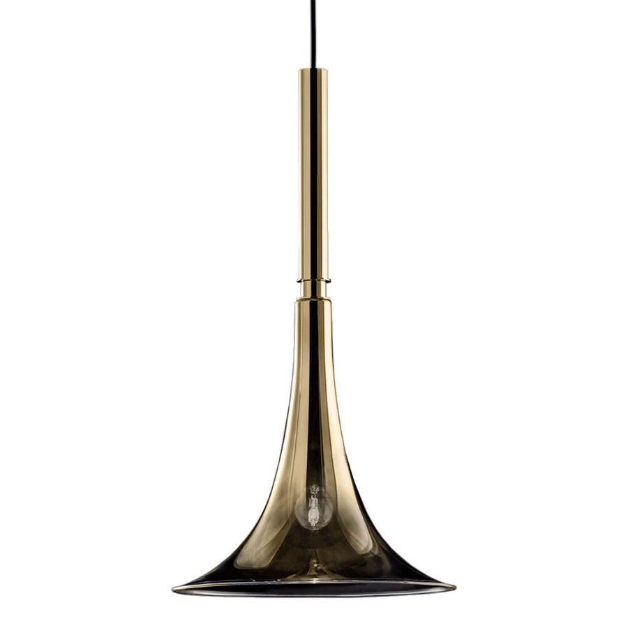 Baffo Collection by Italamp with conical design, titanium finish glass, and matching metal accents, showcasing Italian craftsmanship and elegance. A closeup of the gold pendant baffo light