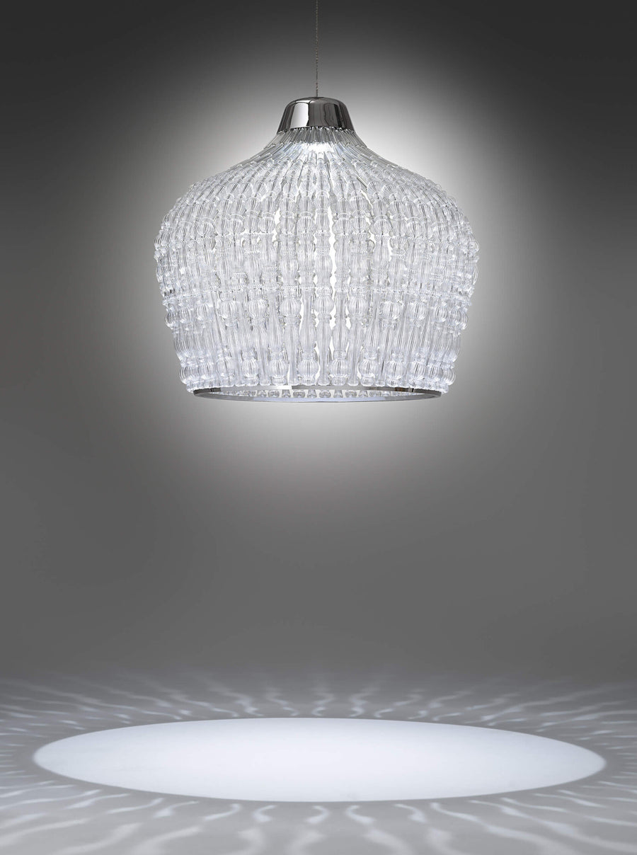 Illuminate your space with an Italamp Crowns Chandelier crafted in Italy. Featuring a clear glass shade, this stunning Italamp Crowns Chandelier adds elegance to any room.