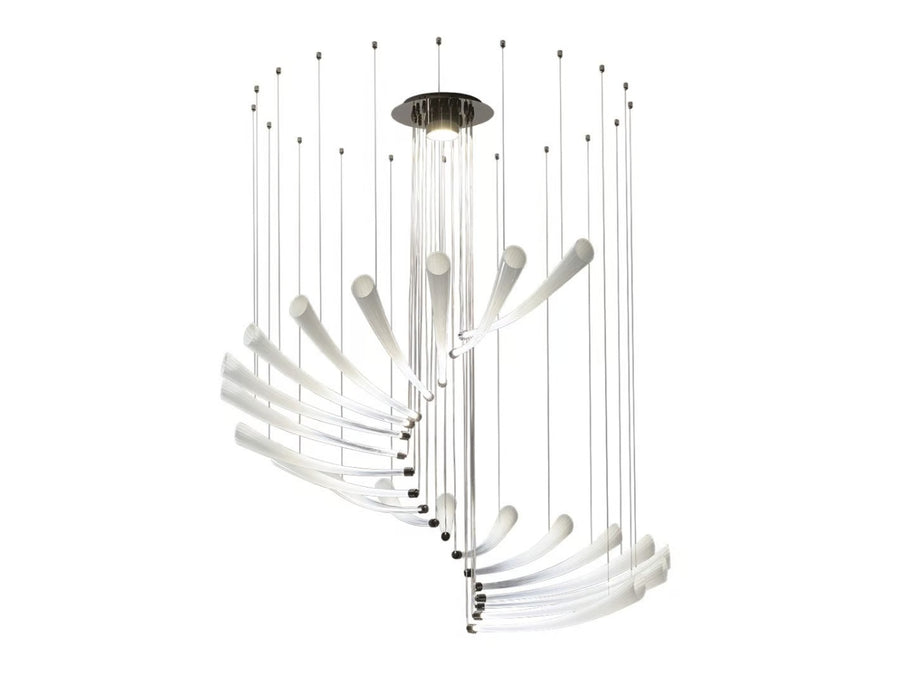 A stunning Italamp Pulsa Spira blown glass chandelier with impeccable illumination hanging on a pristine white background.