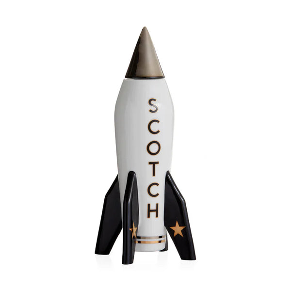 Jonathan Adler Rocket Scotch Decanter in sleek, modern rocket design with black fins and gold accents, available at Spacio India