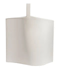 A minimalist, abstract white ceramic vase with a unique, wavy geometric design and a vertical loop handle at the top, set against a solid white background.