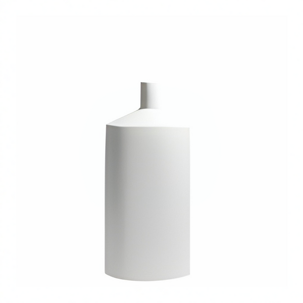 A minimalist white ceramic vase with a cylindrical body and a short, tapered neck, shown against a solid white background.
