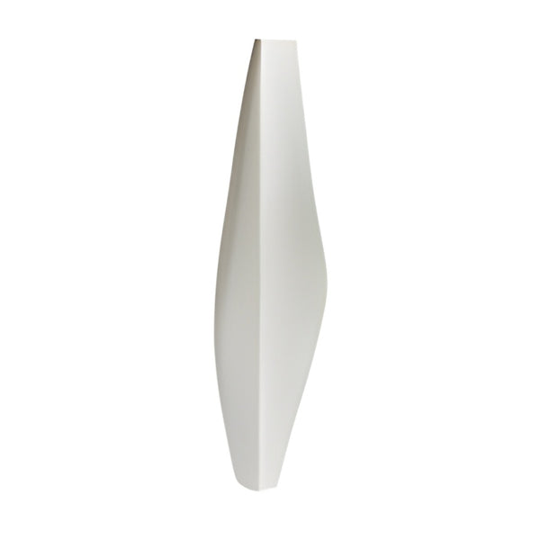 A minimalist, sculptural white vase with a tapered, organic silhouette, shown against a solid white background.