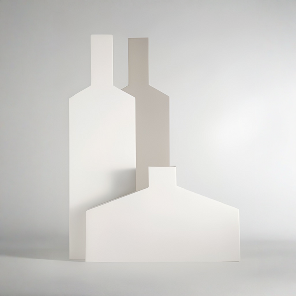 Three minimalist geometric wall art panels in white and light gray, arranged in a layered composition against a soft light gray studio background.