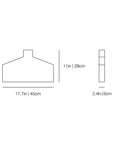 A simple black-and-white technical dimension drawing showing a small bottle or container outline with measurements: 17.7 in / 45 cm width, 11 in / 28 cm height, and a narrow body height of 2.