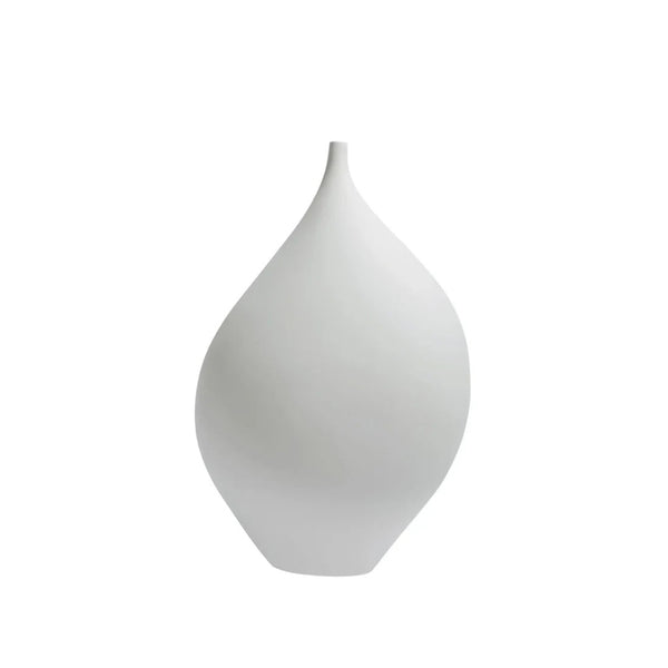 A minimalist white ceramic vase with a teardrop-shaped body and a narrow neck, shown against a solid white background.