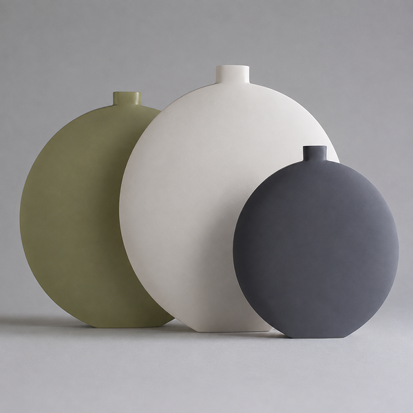 Three matte ceramic vases in olive green, white, and charcoal gray, arranged in a row against a neutral gray background.