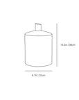 A simple line drawing of a small cylindrical bottle or container with a narrow neck, shown with dimension labels indicating height 14.2 in (36 cm) and width 8.