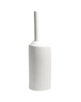 A minimalist white ceramic vase with a cylindrical body and a narrow, straight neck, shown against a solid white background.