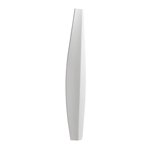 A modern, minimalist white vase with a sculptural, curved vertical design, shown against a solid white background.