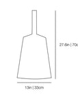 A simple line drawing of a bottle or vase shape with dimension labels showing a height of 27.6 in (70 cm) and a base width of 13 in (33 cm) on a white background.