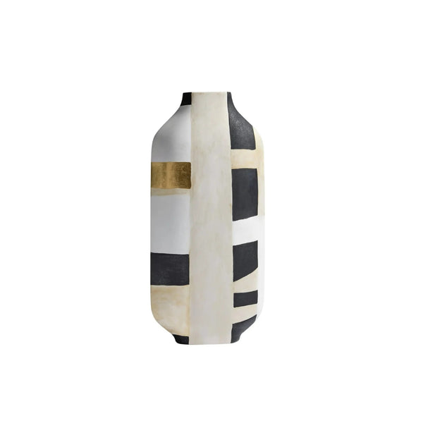 A modern ceramic vase with a minimalist abstract design, featuring vertical bands of cream, black, and textured gold leaf on a white background.