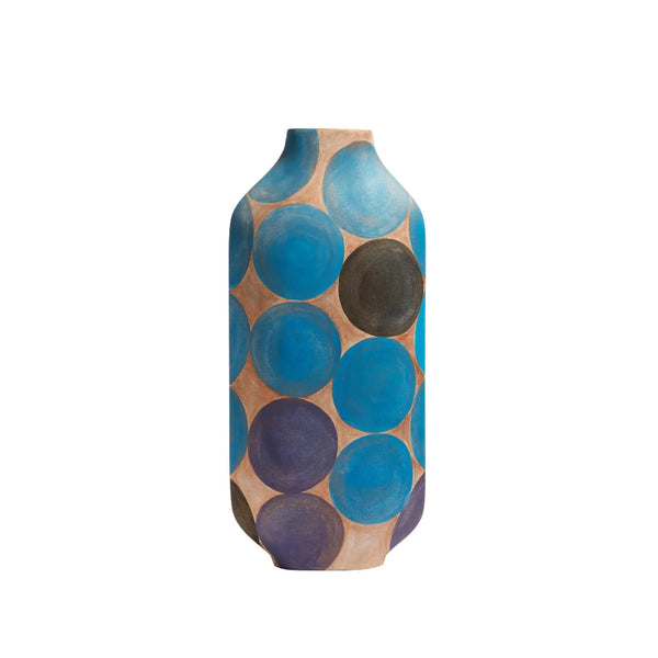 A tall, narrow ceramic vase with a rounded shoulder and flared base, decorated with a pattern of overlapping hand-painted circles in shades of blue, purple, and dark brown on a warm beige background.