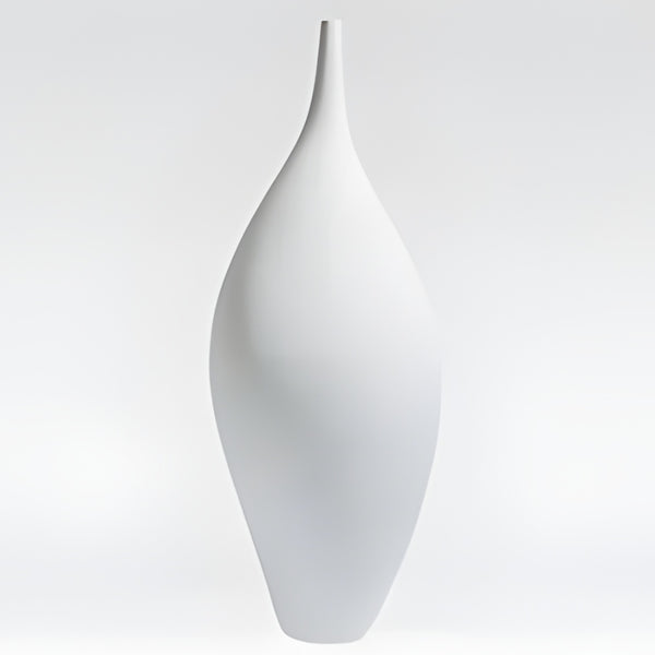 A minimalist white ceramic vase with a long, slender neck and a rounded, teardrop-shaped body, shown against a seamless light gray studio background.