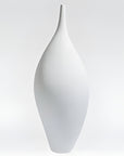 A minimalist white ceramic vase with a long, slender neck and a rounded, teardrop-shaped body, shown against a seamless light gray studio background.