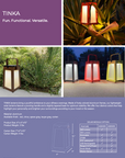 A brochure for the Les Jardins Lighting Collection featuring ambient lighting and portable options, including LJ Solar Lantern Tinka Tink137 300L Muscade outdoor solar lanterns.