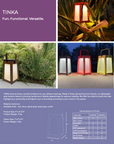 A brochure showcasing the portable and ambient lighting of Les Jardins' Tinka Lighting Collection, with a strong focus on outdoor solar lanterns like the LJ Solar Lantern Tinka Tink138 300L Space Grey.