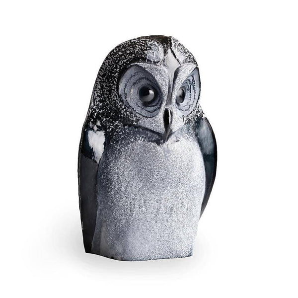 A sculpted crystal owl figurine with a textured, glittery finish in black, gray, and white, set against a plain white background.