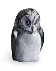 A sculpted crystal owl figurine with a textured, glittery finish in black, gray, and white, set against a plain white background.