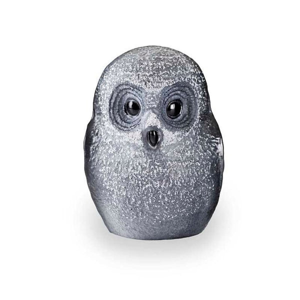 A small owl crystal figurine with a textured, glittery silver-gray finish, featuring large dark eyes and a small black beak, set against a plain white background.