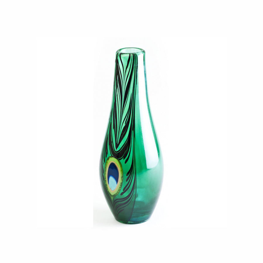 Side look of Maleras Crystal Peacock Green Limited Edition Vase on a white back ground for modern interiors available at Spacio India from Decor Accessories Collection of Vases.