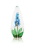 A full view of Blue Orchid Crystal Sculpture from Maleras. A detailed view of the beautifully carved blue orchid at the center of the crystal sculpture.