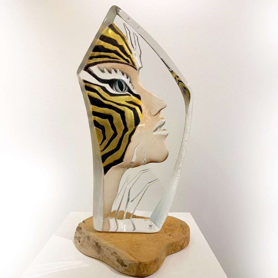 Maleras Crystal Amazona Gold Sculpture on a wooden pedestal for modern interior available at Spacio India from Sculpture and Art Objects Collection.