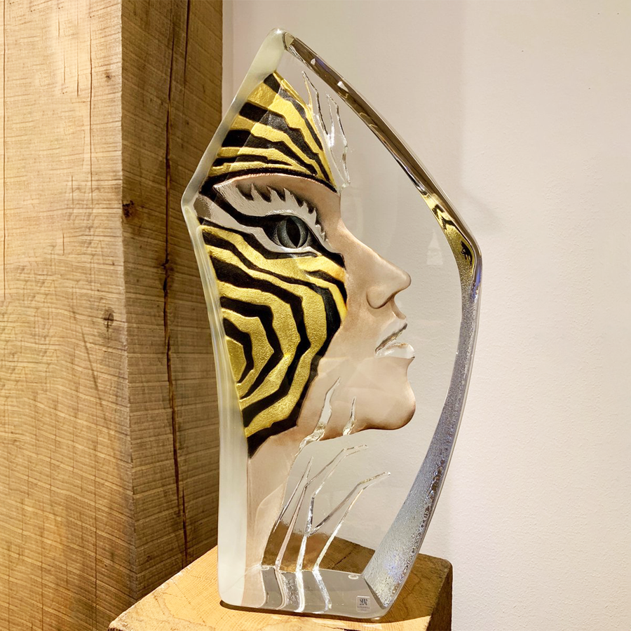 Maleras Crystal Amazona Gold Sculpture on a wooden pedestal in modern interior available at Spacio India from Sculpture and Art Objects Collection.