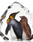 Close look of Maleras Crystal Sculpture King Penguin With Baby on white back ground for modern interiors available at Spacio India from the Sculptures and Art Objects Collection.