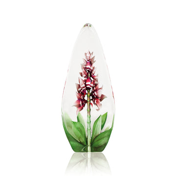 Maleras Crystal Sculpture Orchid Red on a white background, available at Spacio India from the Sculptures and Art Objects Collection