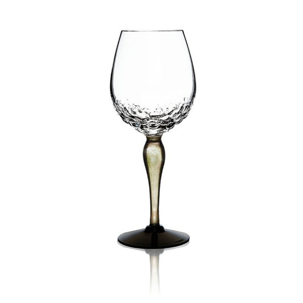A clear glass wine glass with a textured, dimpled pattern around the lower bowl and a dark, smoky stem and base, shown on a white background with a soft reflection.