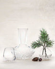 A set of clear glass tableware including a decanter, a small tumbler, and a round vase with a pine branch, styled with two pinecones on a light beige textured background.