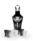 Black and clear crystal decanter set with glasses on a white background