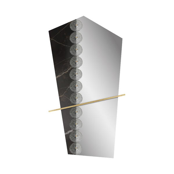 Decorative wall mirror with a black frame and gold accent on a white background